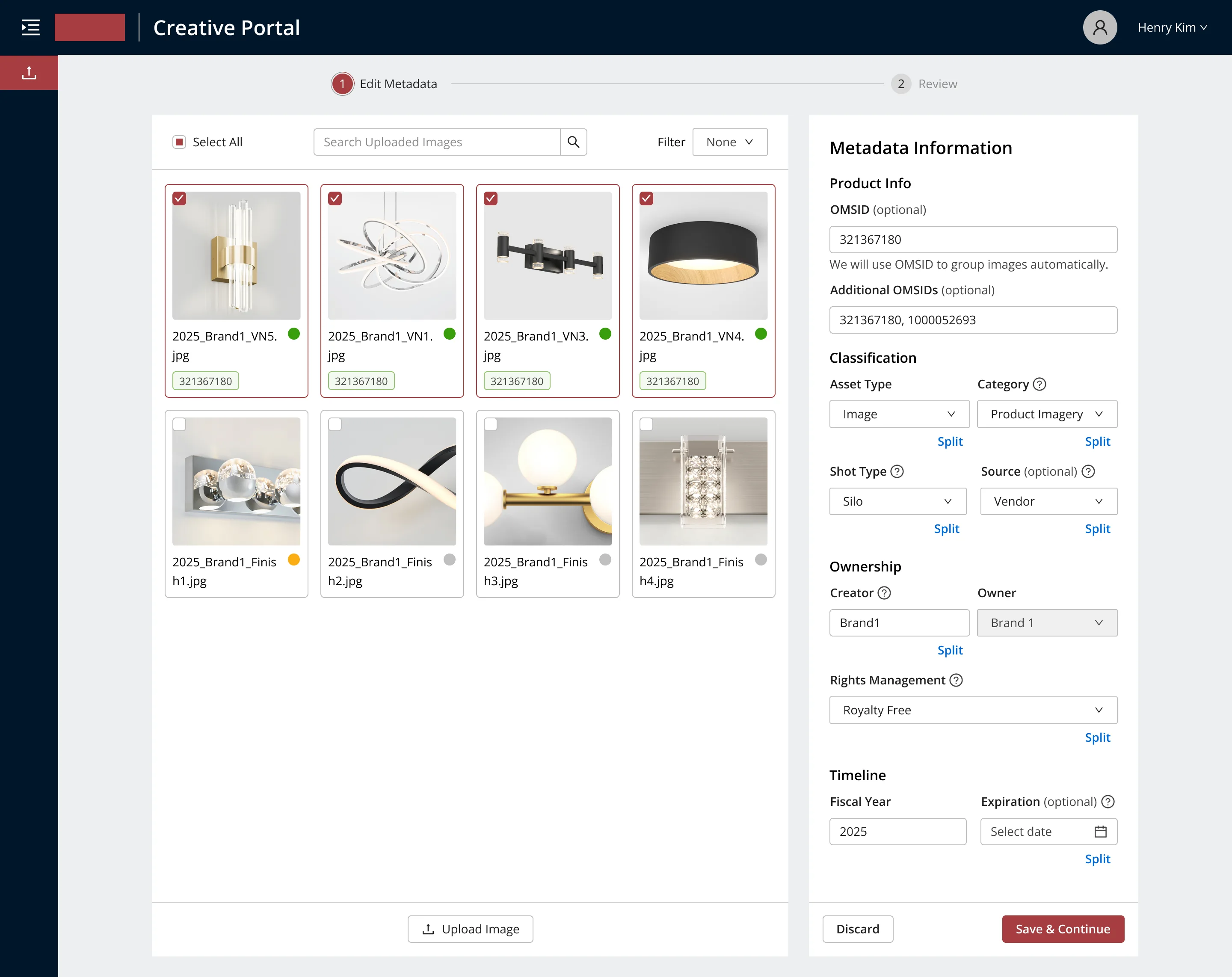 The asset library with a batch of images selected together, and one shared metadata panel applying category, rights, ownership, and timeline fields across all of them at once.